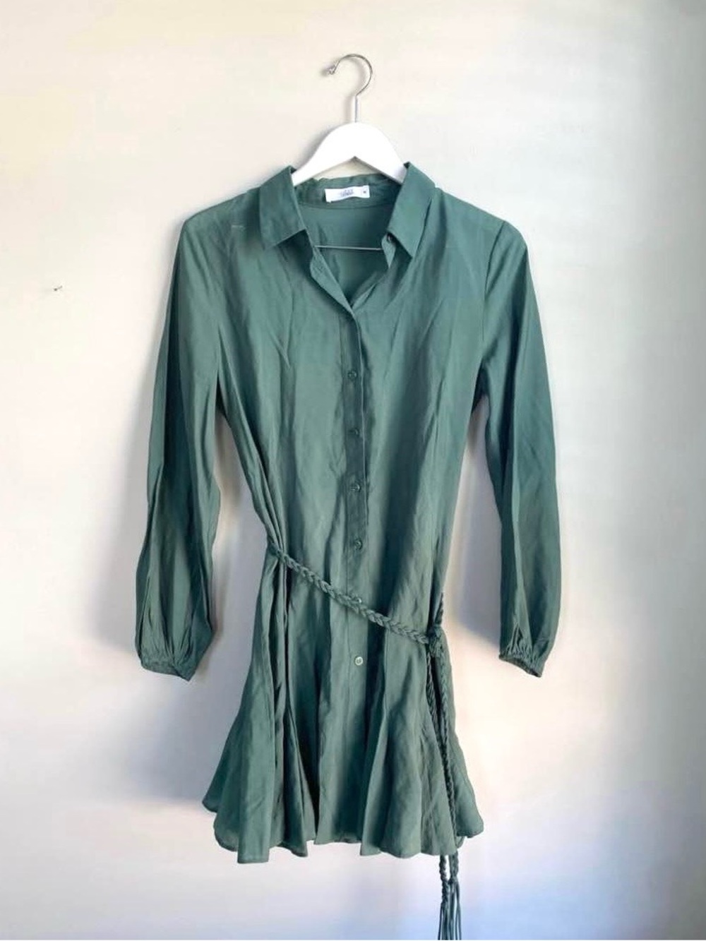 Talula Sage Green Long Sleeve Shirt Dress with Braided Tie